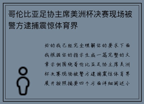 哥伦比亚足协主席美洲杯决赛现场被警方逮捕震惊体育界 哥伦比亚足协主席美洲杯决赛现场被警方逮捕震惊体育界