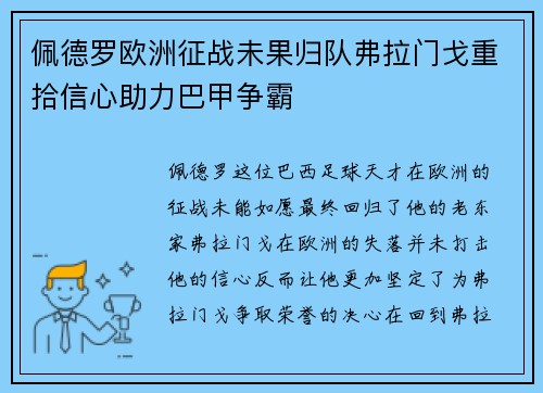 佩德罗欧洲征战未果归队弗拉门戈重拾信心助力巴甲争霸